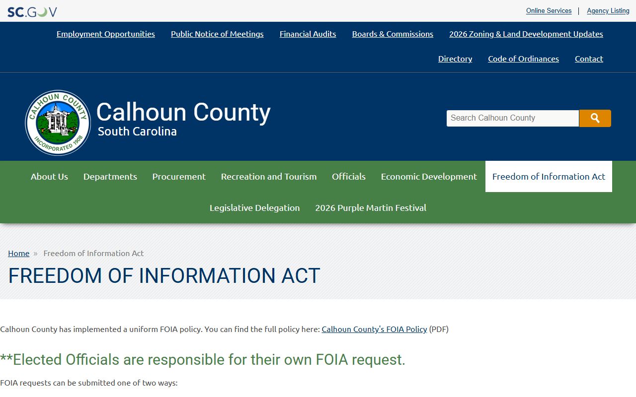 Calhoun County Clerk of Court records FOIA request page