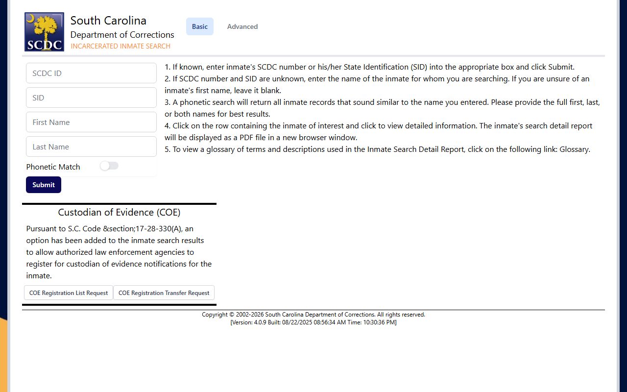 Calhoun County inmate records SCDC public inmate search interface