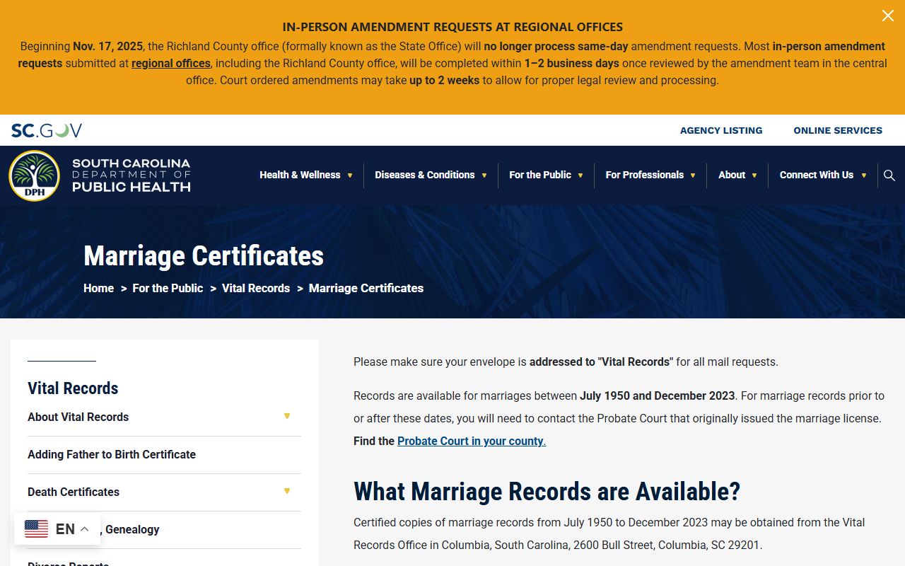 Calhoun County marriage records South Carolina DPH marriage certificates