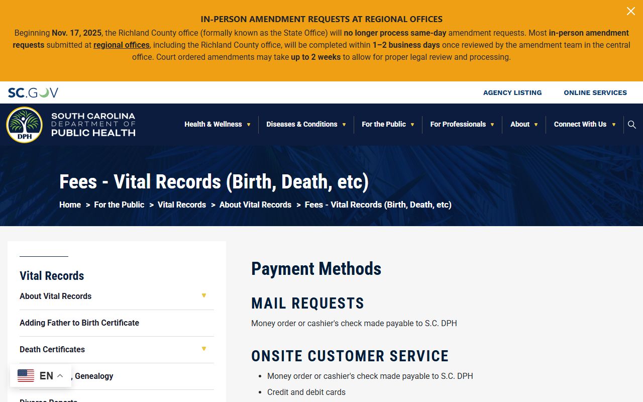 Calhoun County marriage records South Carolina vital records fee schedule