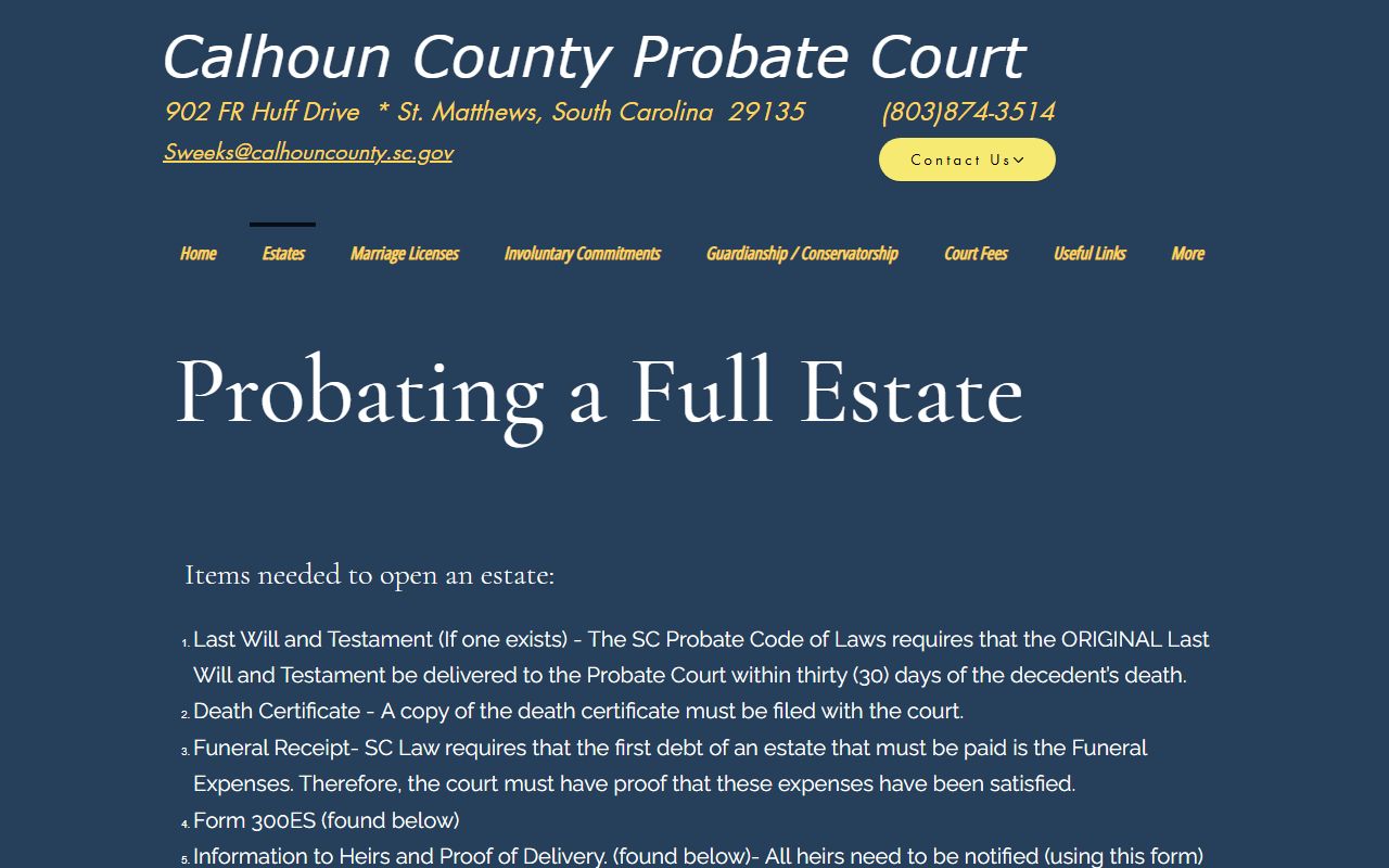 Calhoun County probate records full estate fees